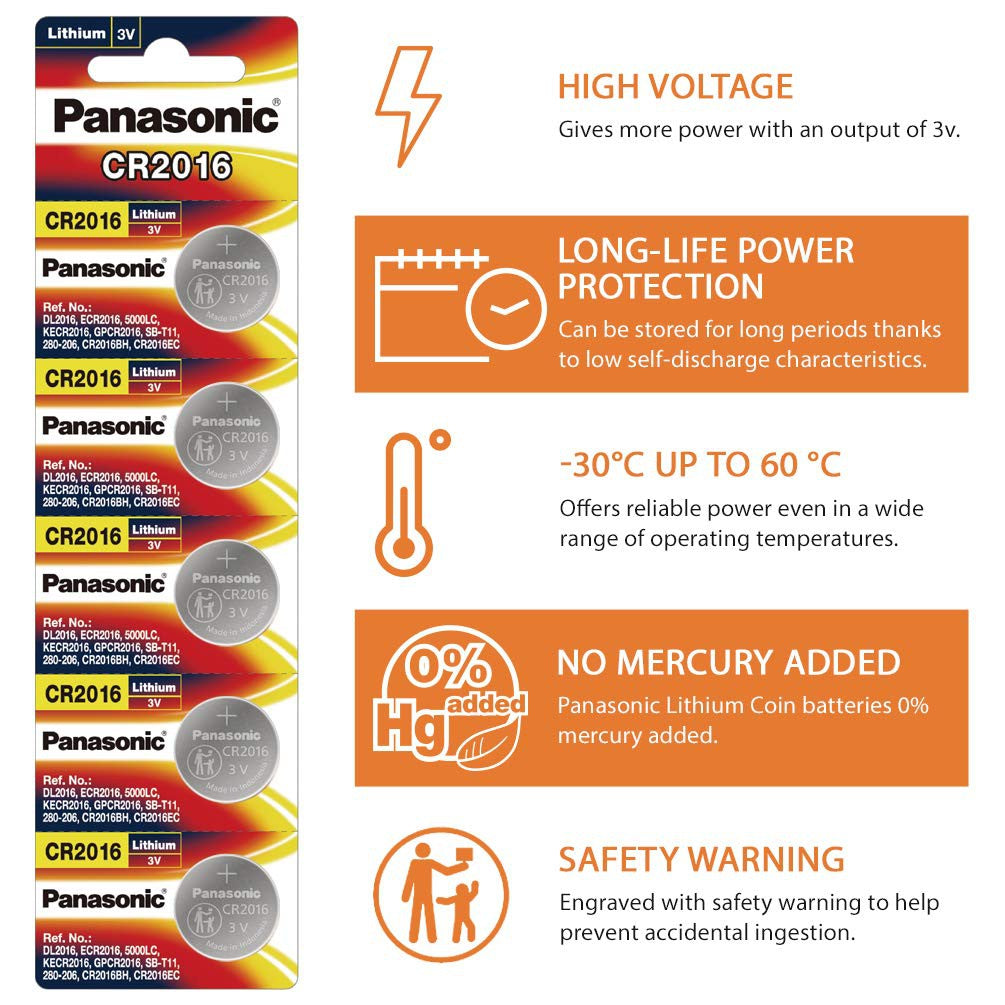 Panasonic CR2016 (Pack of 5 pcs) ECR2016 2016 Lithium Coin Cell Button Battery 3V 3 volts