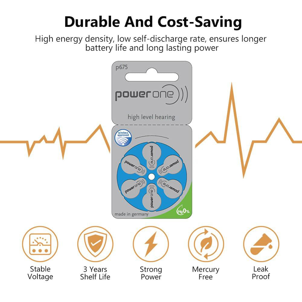 Power One Zinc Air Size 675 PR44 (6 pcs) Hearing Aid Battery Hearing Aid Batteries 1.45V A675 P675