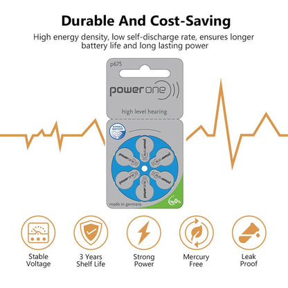 Power One Zinc Air Size 675 PR44 (6 pcs) Hearing Aid Battery Hearing Aid Batteries 1.45V A675 P675