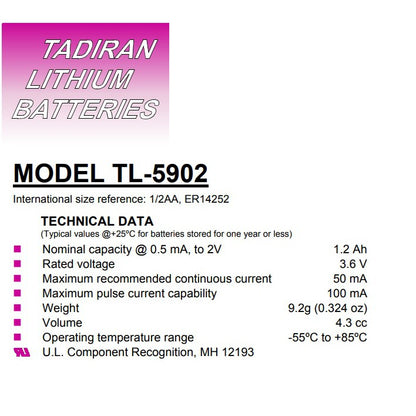 Tadiran TL-5902 Battery with Axial Wires 1/2AA Lithium Batteries 3.6V - non Rechargeable TL-5902/P