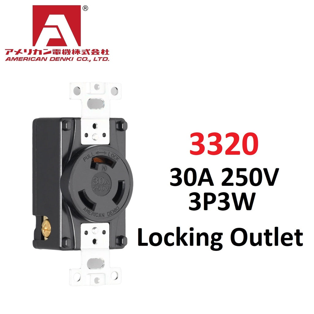 American Denki 3320 Locking Outlet 30A 250V 3 Pole 3 Wire Receptacle
