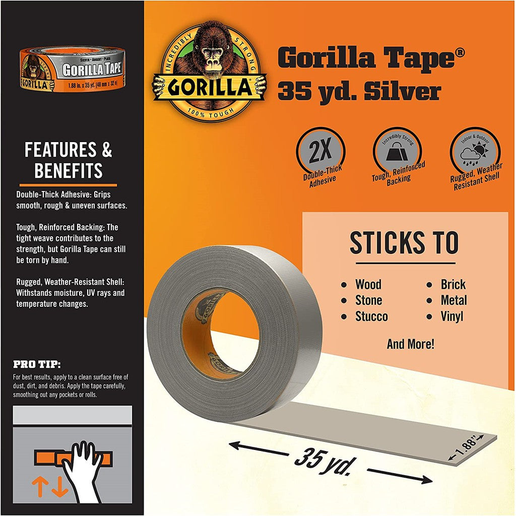 Gorilla Tape 1.88" x 35 yd Silver Gorilla Duct Duck Tape Grey Gray Gorilla Duct Tape 48mm x 32m