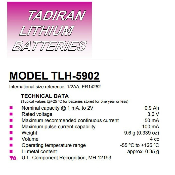 Tadiran TLH-5902 Battery 1/2AA Lithium Batteries 3.6V - non Rechargeable Tadiran TLH-5902/S TL-5902