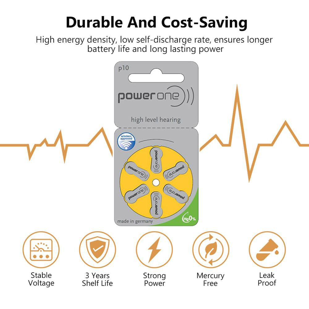 Power One Zinc Air Size 10 PR70 (6 pcs) Hearing Aid Battery Hearing Aid Batteries 1.45V A10 P10