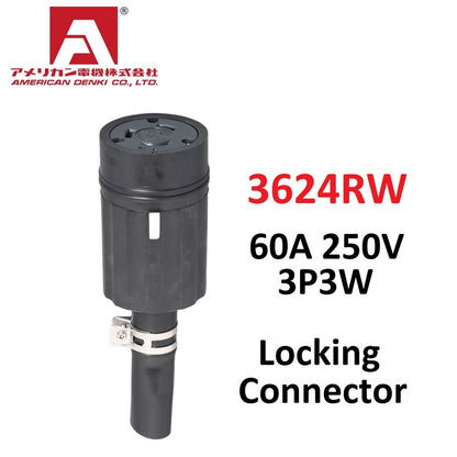 American Denki 3624RW Locking Connector 60A 250V 3 Pole 3 Wire Rubber Housing