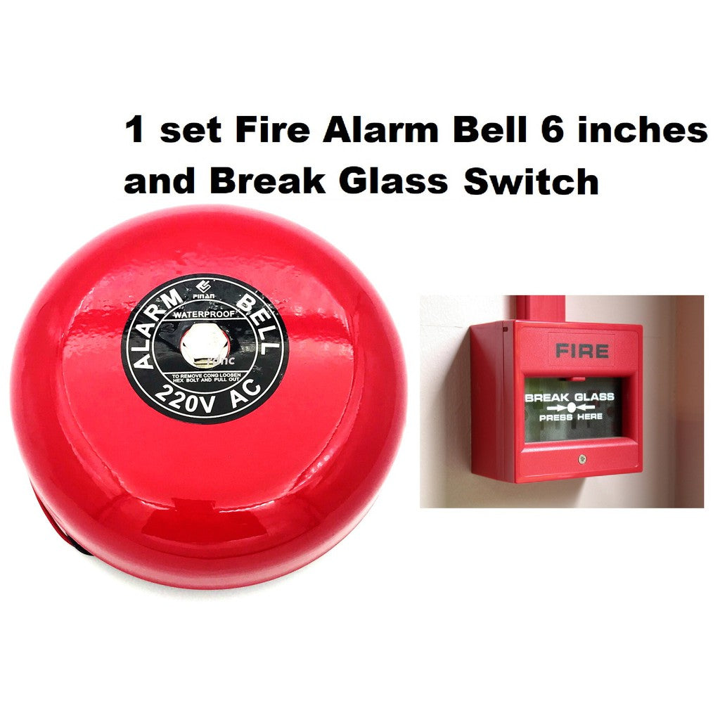 Fire Alarm System Set Fire Alarm Bell 6 inches diameter 220v with Break Glass Call Point Manual Push