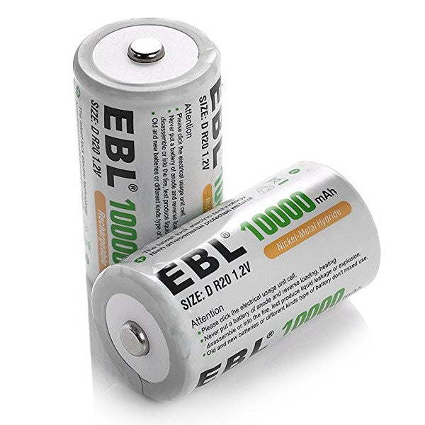 EBL D Size D Cell (2 pcs) 10000mAh Rechargeable Batteries Ni-MH with Case HR20 Rechargeable Battery