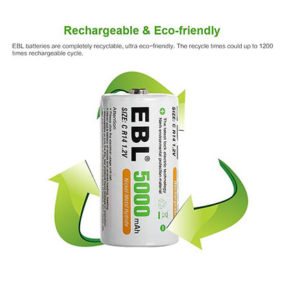 EBL C Size C Cell (2 pcs) 5000mAh Rechargeable Batteries Ni-MH with Case HR14 Rechargeable Battery