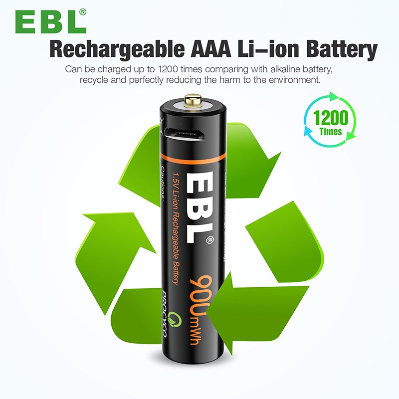 EBL AAA (4pcs) USB AAA Rechargeable Batteries 1.5V Lithium Ion Rechargeable Battery 900mWh TB1444