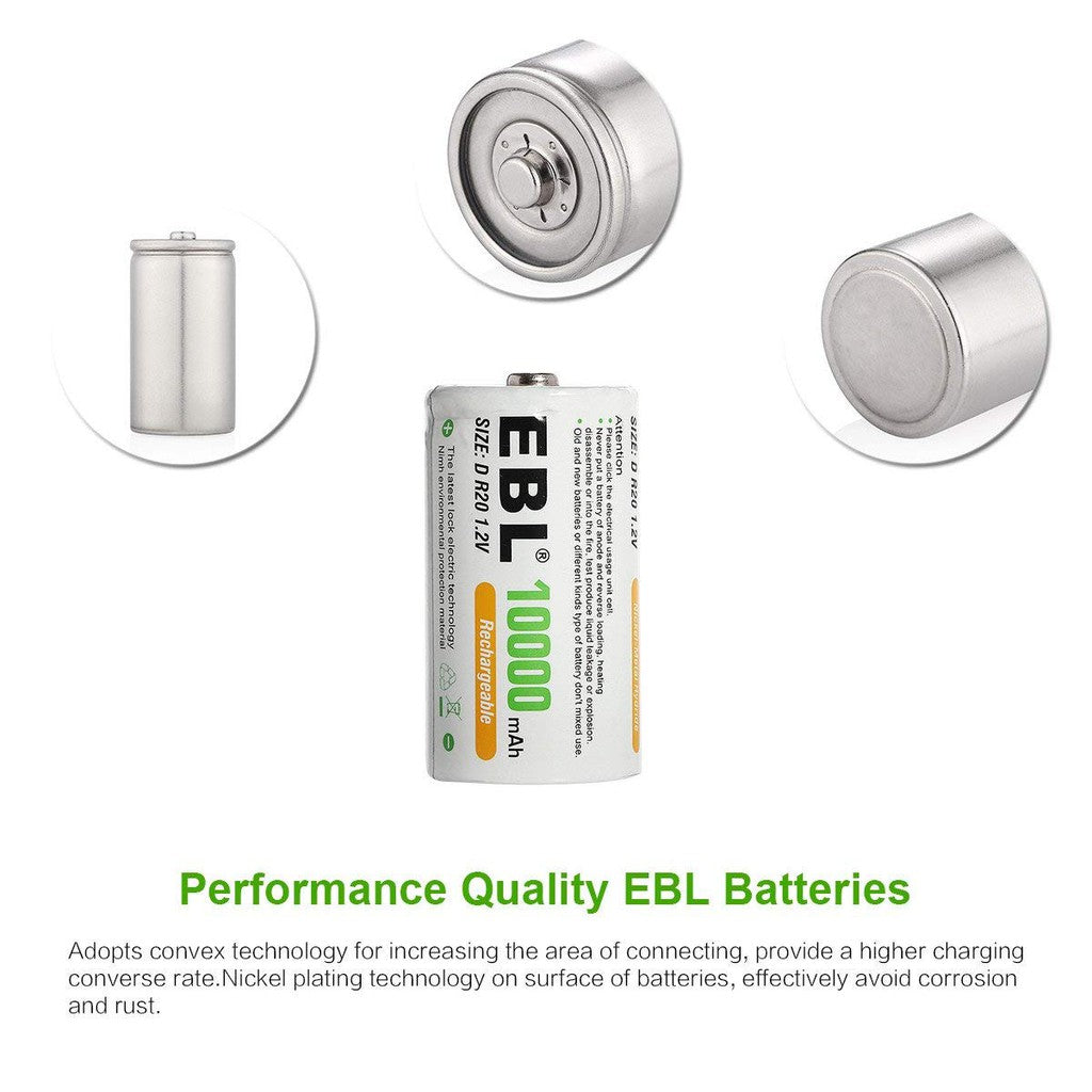 EBL D Size D Cell (2 pcs) 10000mAh Rechargeable Batteries Ni-MH with Case HR20 Rechargeable Battery