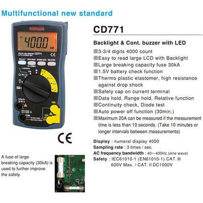 Sanwa CD771 Digital Multimeter Backlight & Cont. buzzer with LED AC/DC Voltmeter True RMS Digital Mu