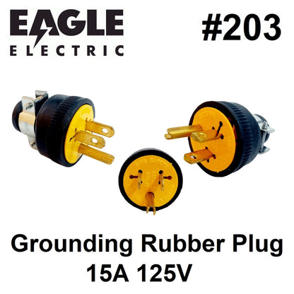 Eagle 203 Parallel Grounding 3 Prong Plug 15A 125V #203 Rubber Handle Cap Grounding Plug  Heavy Duty