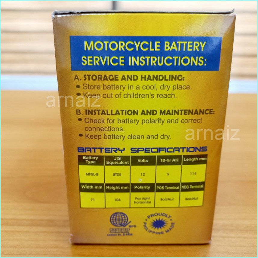 Motolite MF5L-B Maintenance Free Motorcycle Battery ( YTZ6S YT5L-BS YTX5L-BS MF5LB )