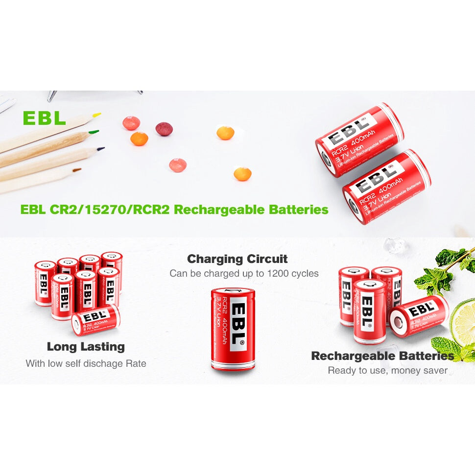 EBL TB-1527 (4 pcs) Rechargeable CR2 Lithium Batteries 3.7V 400mAh 15270 CR-2 CR 2 Lithium Battery