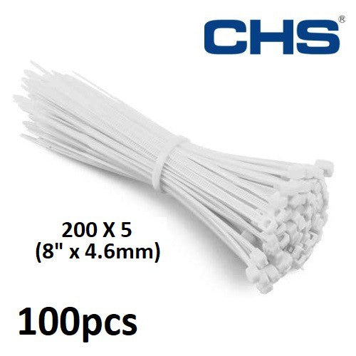 CHS Cable Tie 200 X 5 ( 8" X 4.6MM) 100pcs White Nylon Cable  Zip Ties Cable Management