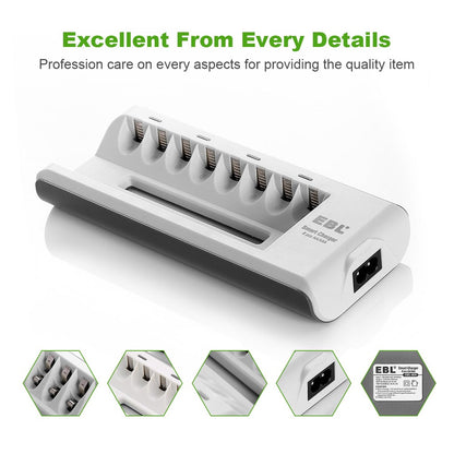 EBL 808 LN-6417 8 Bay AA or AAA Battery Charger, Ni-MH Quick Charger 8 Slot 8 Port Charger