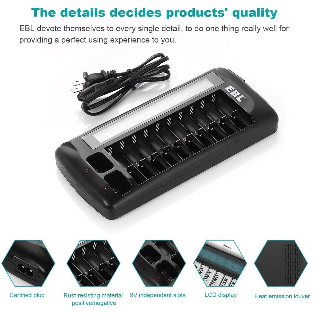 EBL 999 LN-6426UR 12 Slot Rechargeable Battery Charger AA AAA 9V 12 Bay 12 Port Smart Charger