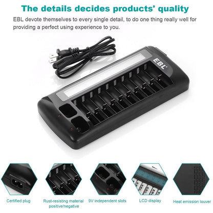 EBL 999 LN-6426UR 12 Slot Rechargeable Battery Charger AA AAA 9V 12 Bay 12 Port Smart Charger