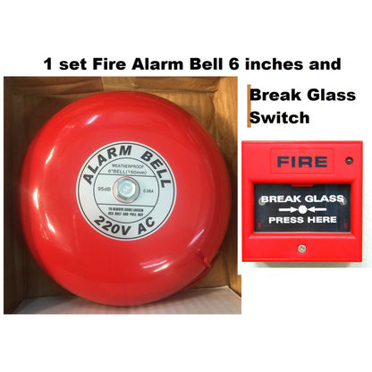 Fire Alarm System Set Fire Alarm Bell 6 inches diameter 220v with Break Glass Call Point Manual Push