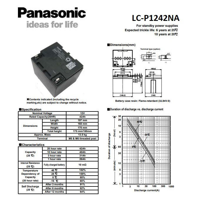 Panasonic 12V 42Ah SLA VRLA Rechargeable Battery LC-P1242NA Valve Regulated Sealed Lead-Acid Battery