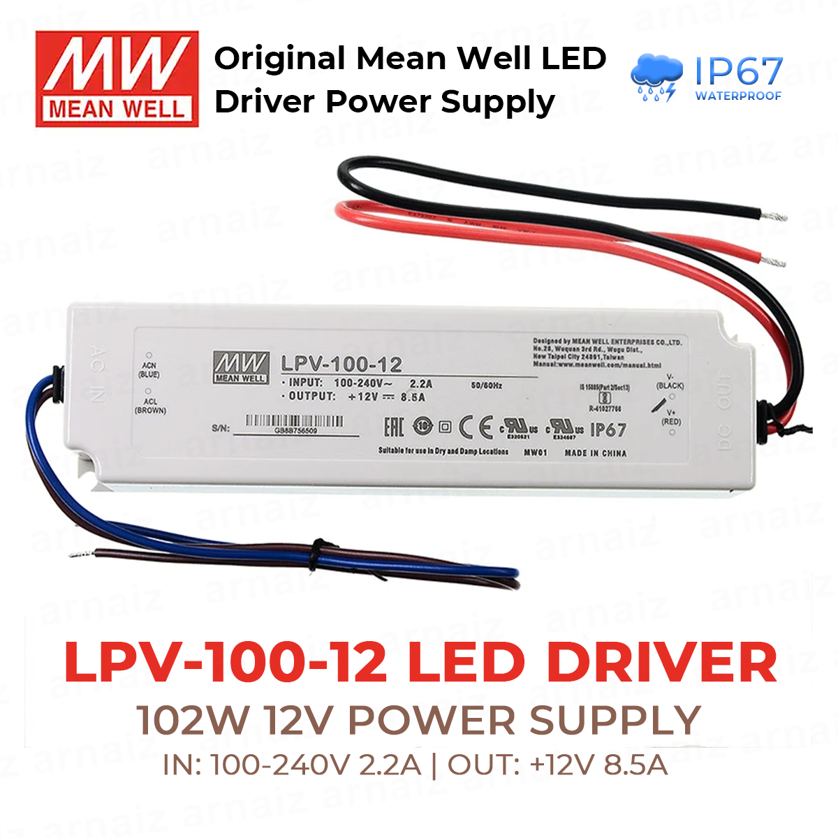 Mean Well LPV-100-12 LED Driver Power Supply 102W 12V Single Output Switching Power Supply AC-DC