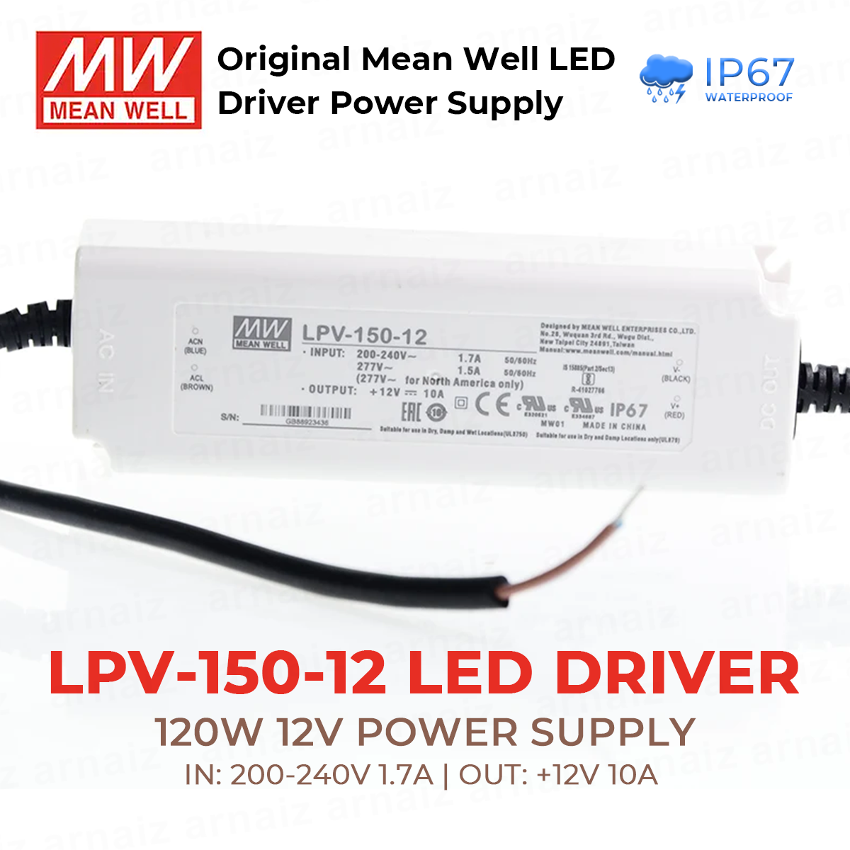 Mean Well LPV-150-12 LED Driver Power Supply 120W 12V Single Output Switching Power Supply AC-DC