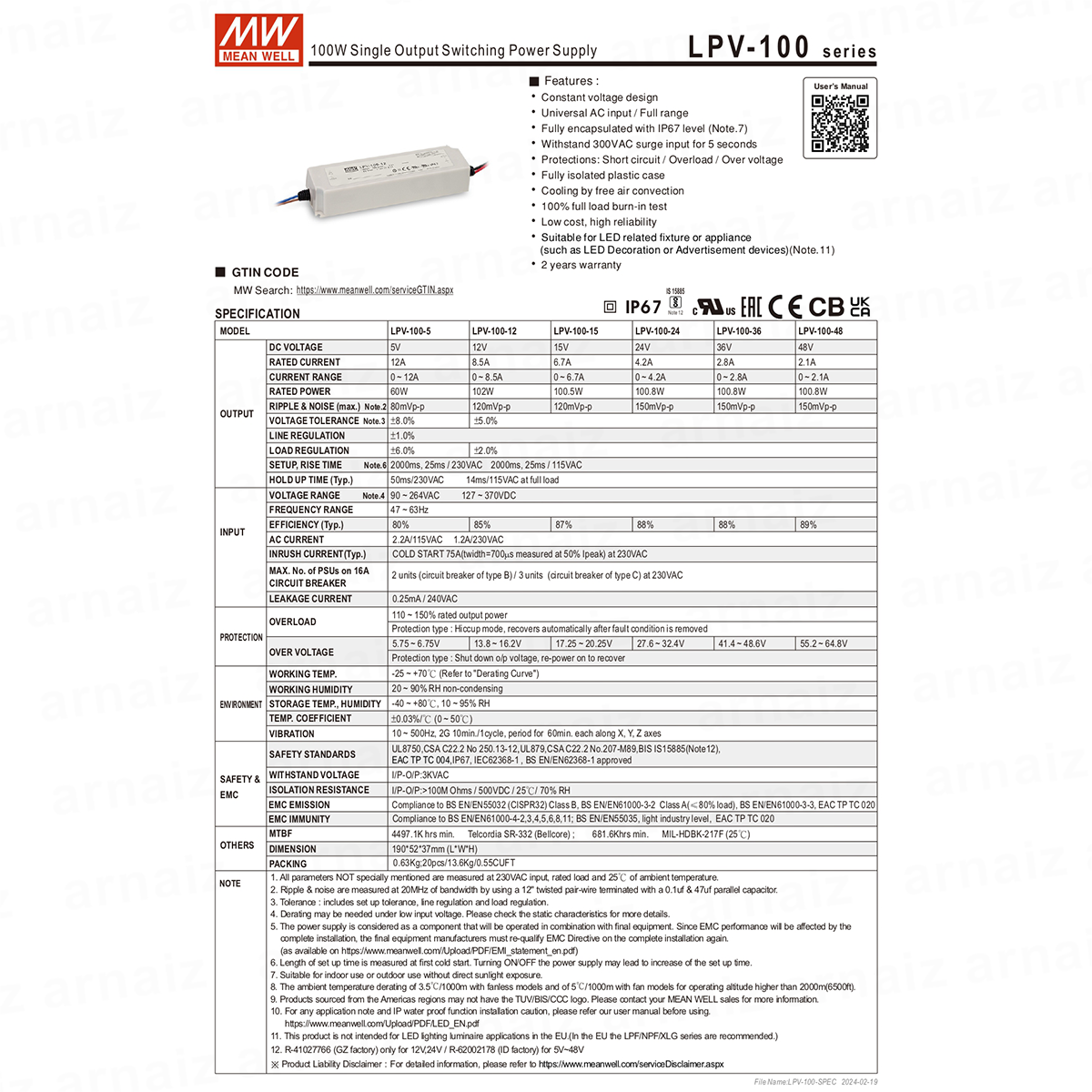 Mean Well LPV-100-12 LED Driver Power Supply 102W 12V Single Output Switching Power Supply AC-DC