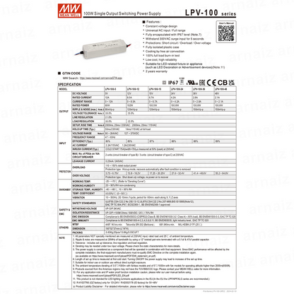 Mean Well LPV-100-12 LED Driver Power Supply 102W 12V Single Output Switching Power Supply AC-DC