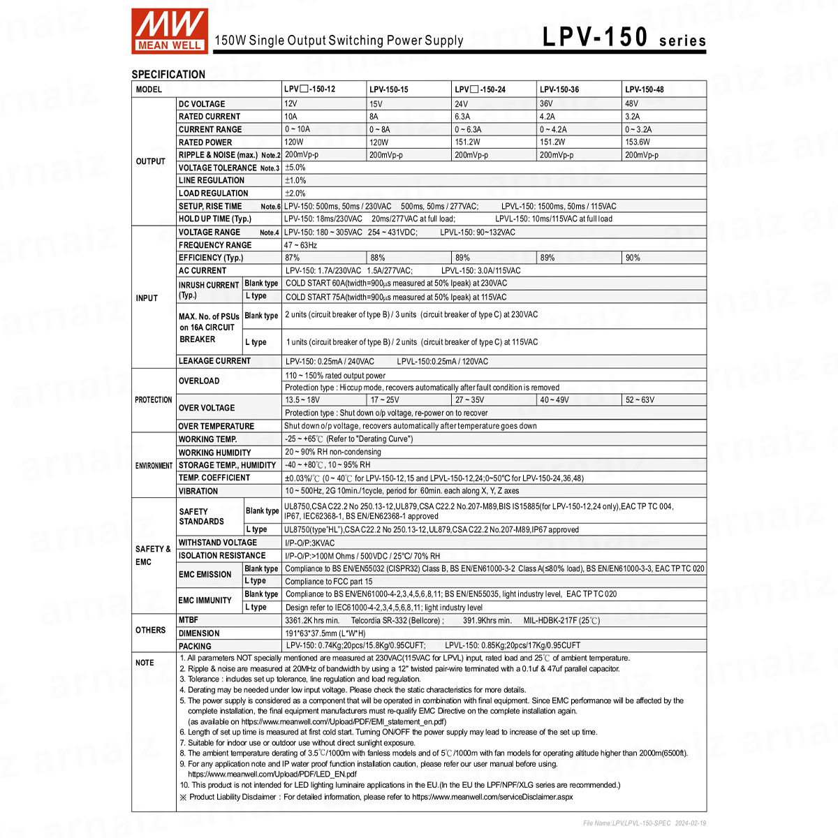 Mean Well LPV-150-12 LED Driver Power Supply 120W 12V Single Output Switching Power Supply AC-DC