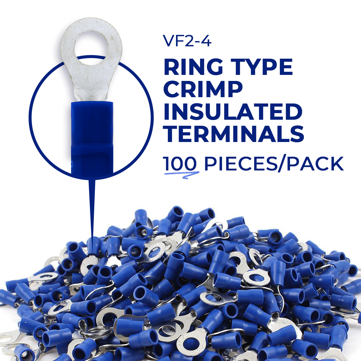 LQD Ring Type Terminals Pack (100 pcs) VF2-4 16-14 AWG 1.5-2.5mm² M4 Insulated Lug Crimp Connector