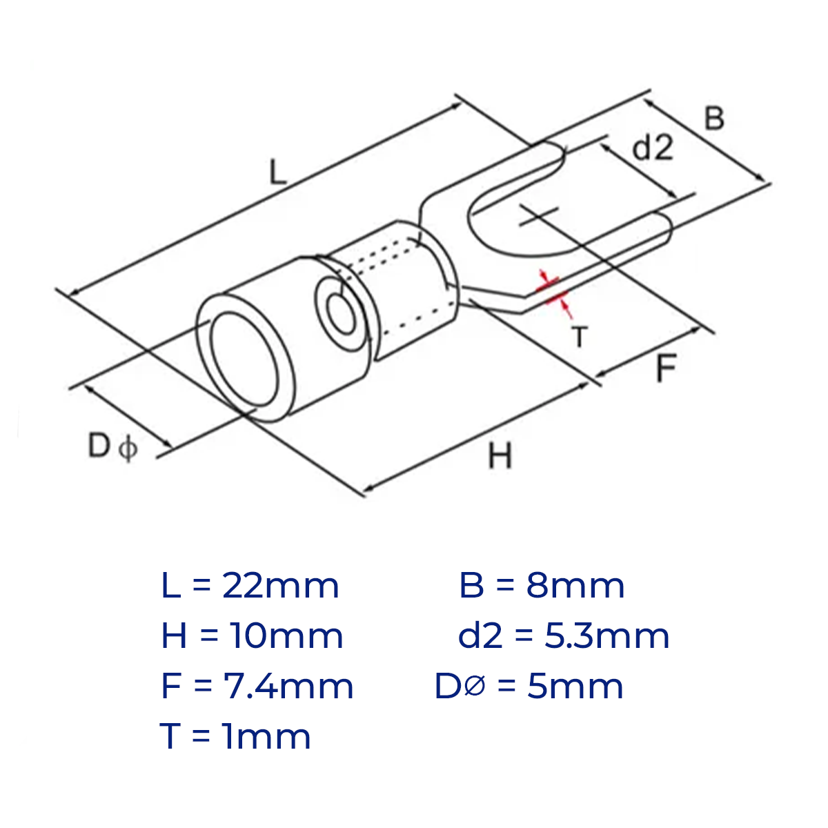 LQD Spade Fork Type Terminals Pack (100 pcs pack) VF2-5Y 16-14 AWG 1.5-2.5mm² Insulated Lug Crimp