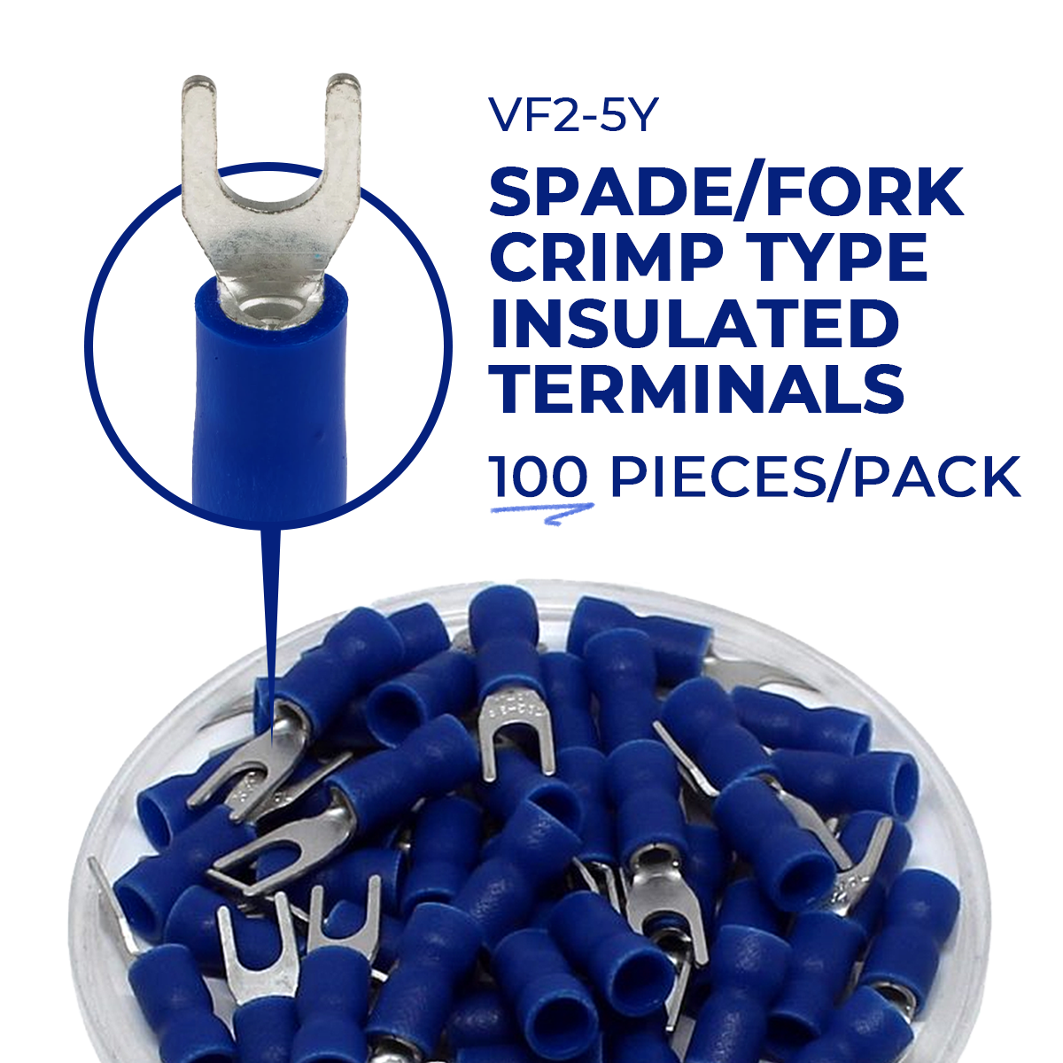 LQD Spade Fork Type Terminals Pack (100 pcs pack) VF2-5Y 16-14 AWG 1.5-2.5mm² Insulated Lug Crimp