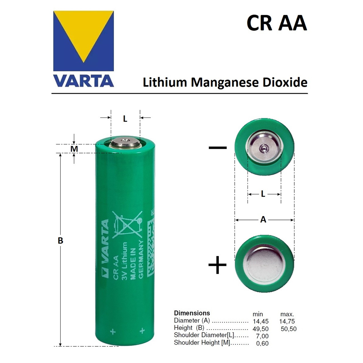 Varta CR AA (1pc) 3V Lithium Battery 2000mAh Size AA Button Top CR-AA 6117 101 301