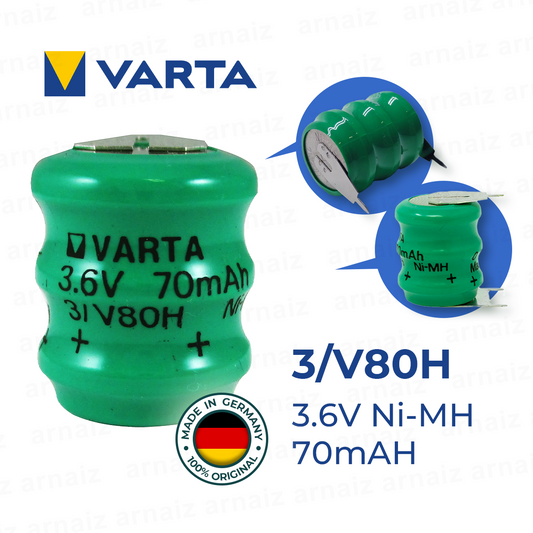 Varta 3/V80H (1pc) Rechargeable Ni-MH Battery Pack 3.6V 70mAh 3 Pin 2P-POS 1P-NEG 55608 303 059