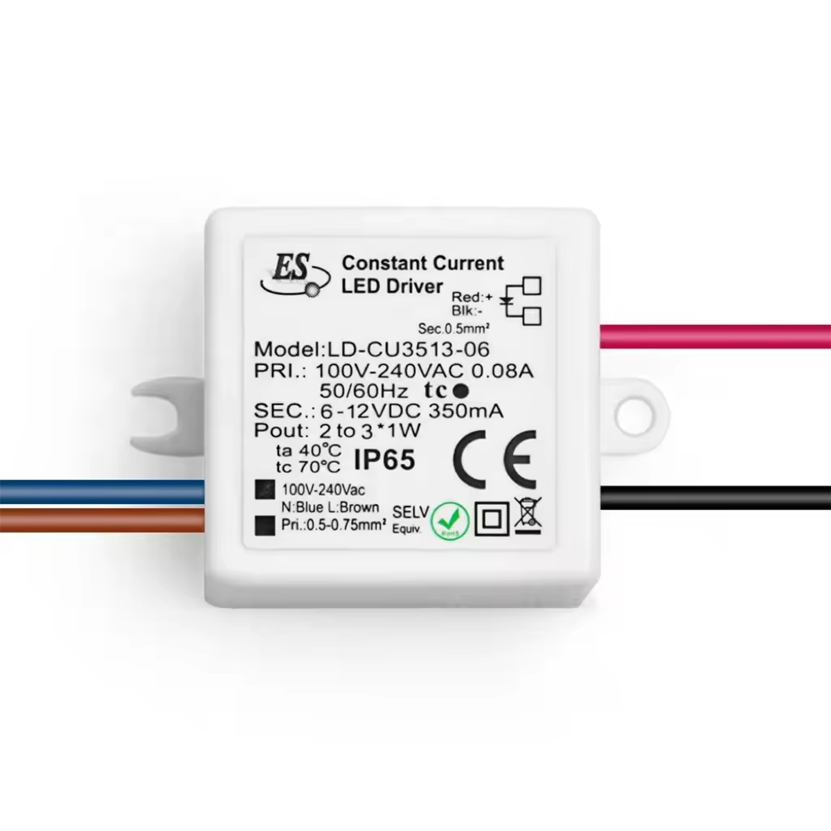 LD-CU3513-06 ES Constant Current LED Driver AC-DC 100-240VAC 0.08A 6-12VDC 3.6W 350mA IP65