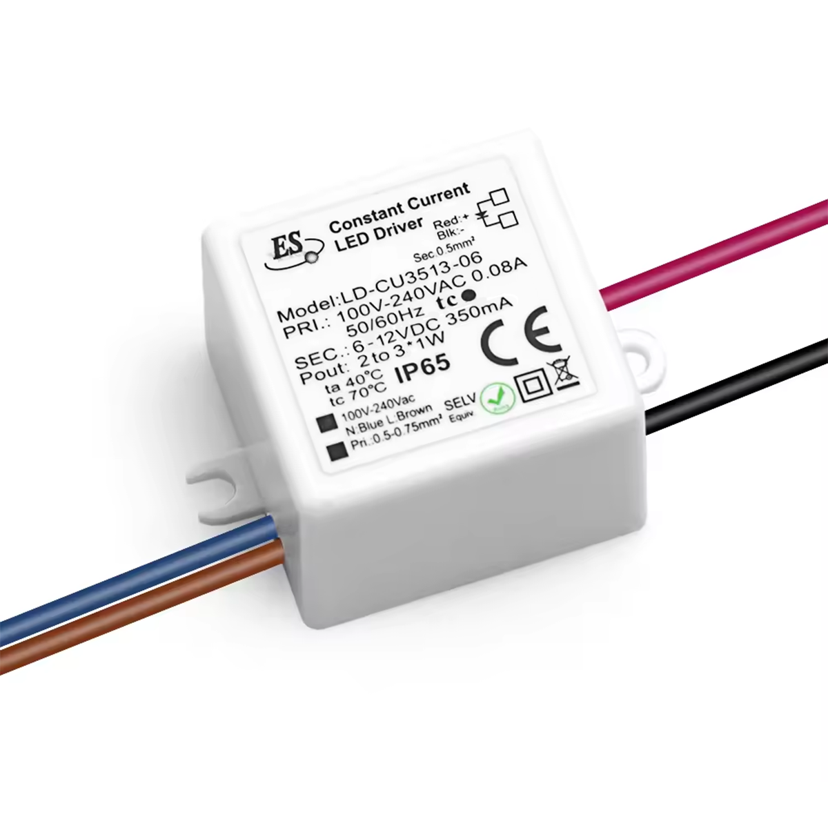 LD-CU3513-06 ES Constant Current LED Driver AC-DC 100-240VAC 0.08A 6-12VDC 3.6W 350mA IP65
