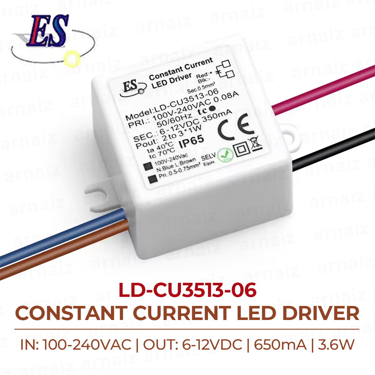 LD-CU3513-06 ES Constant Current LED Driver AC-DC 100-240VAC 0.08A 6-12VDC 3.6W 350mA IP65