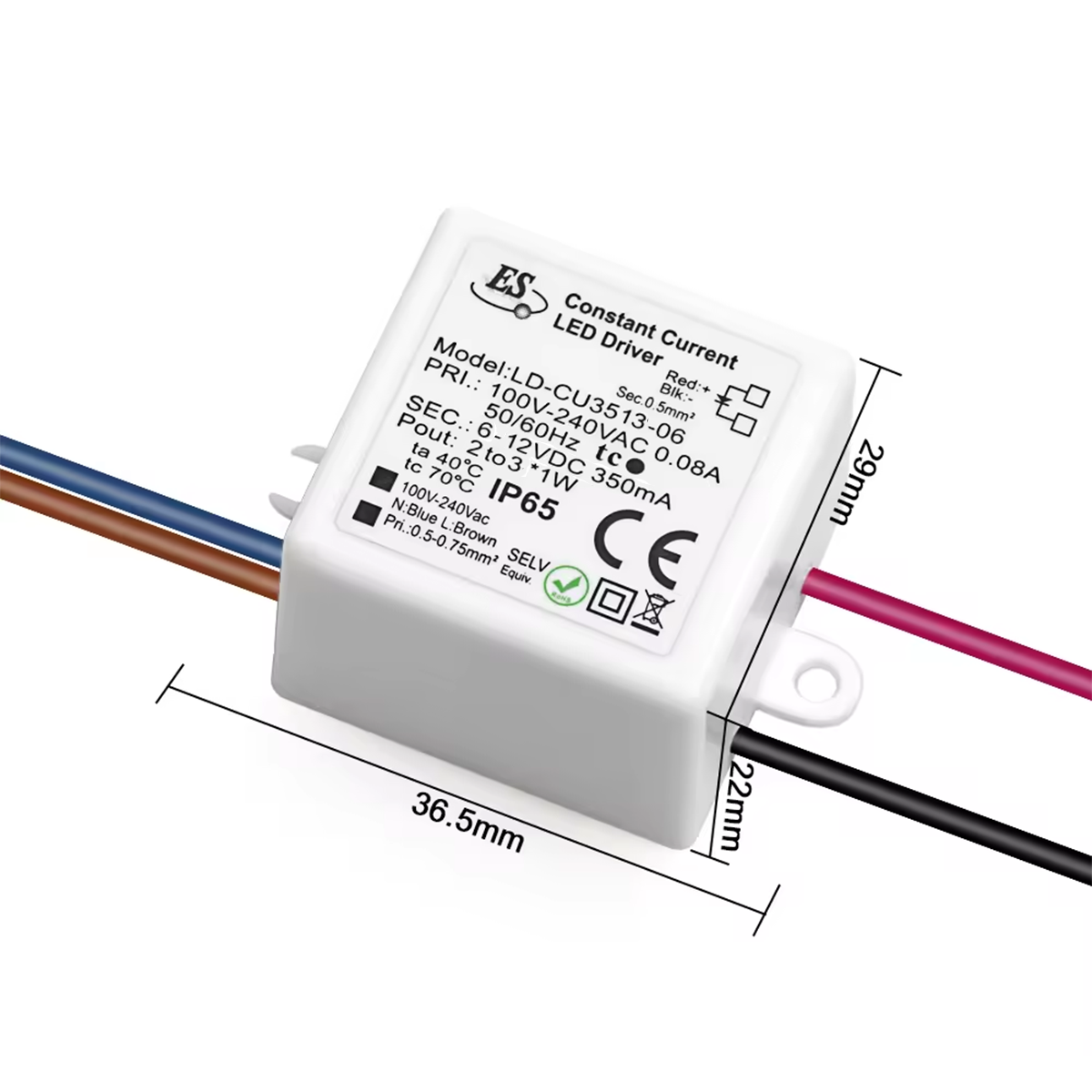 LD-CU3513-06 ES Constant Current LED Driver AC-DC 100-240VAC 0.08A 6-12VDC 3.6W 350mA IP65