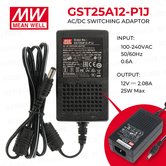 Mean Well GST25A12-P1J AC/DC Switching Adaptor 12V 25W 1.08A Plug-In Industrial Adapter LED Meanwell