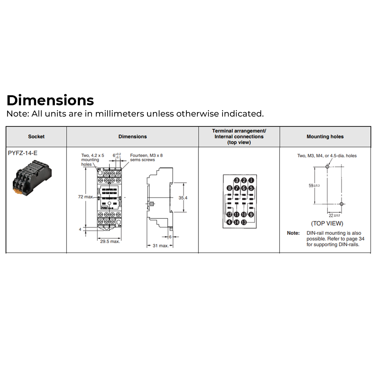 Omron PYFZ-14-E Relay Socket 14 Pin 250VAC 6A DIN Rail-Mounted MY4 Screw Miniature Power Relay