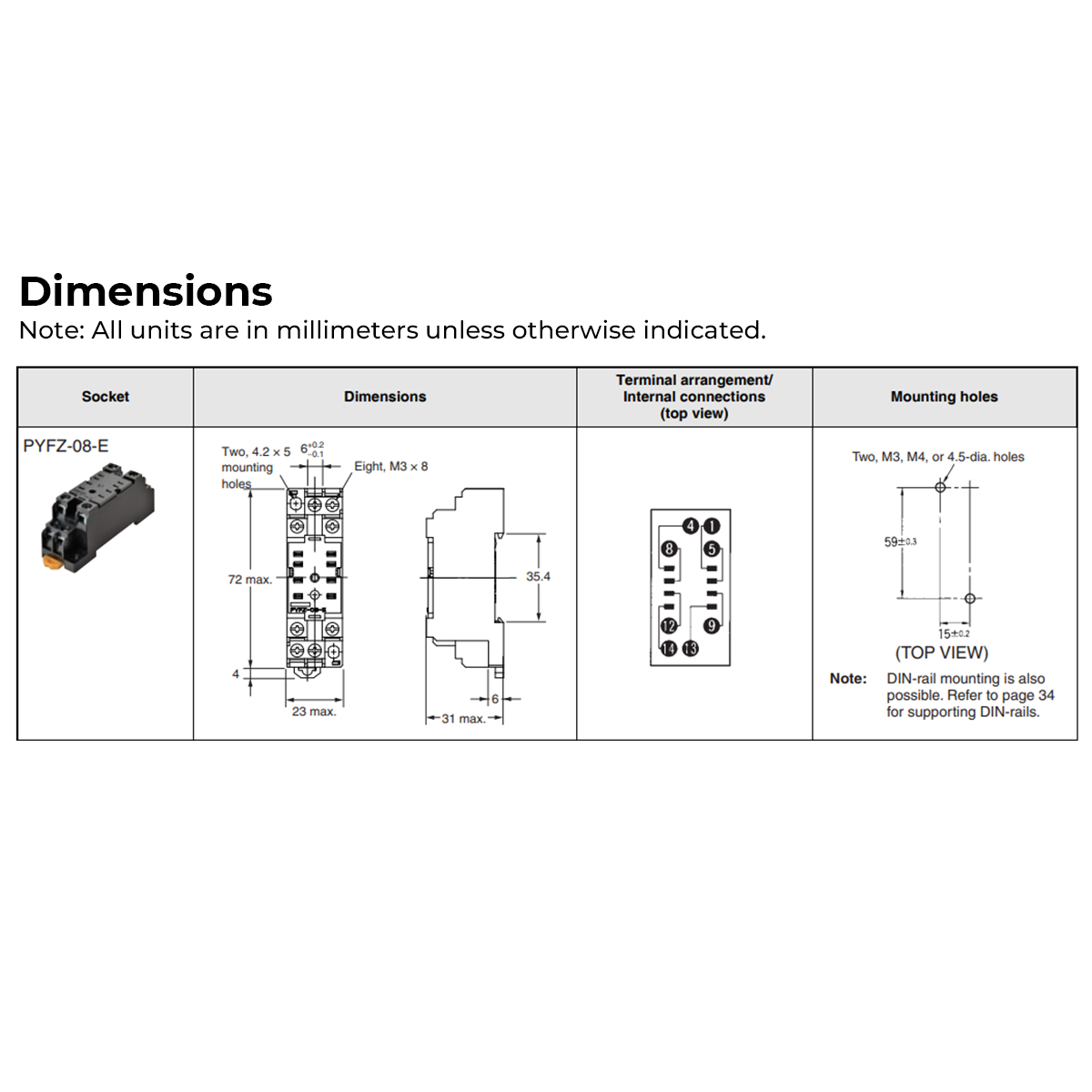 Omron PYFZ-08-E Relay Socket 8 Pin 250VAC 10A DIN Rail-Mounted MY2 Screw Miniature Power Relay