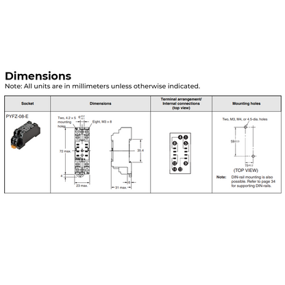 Omron PYFZ-08-E Relay Socket 8 Pin 250VAC 10A DIN Rail-Mounted MY2 Screw Miniature Power Relay