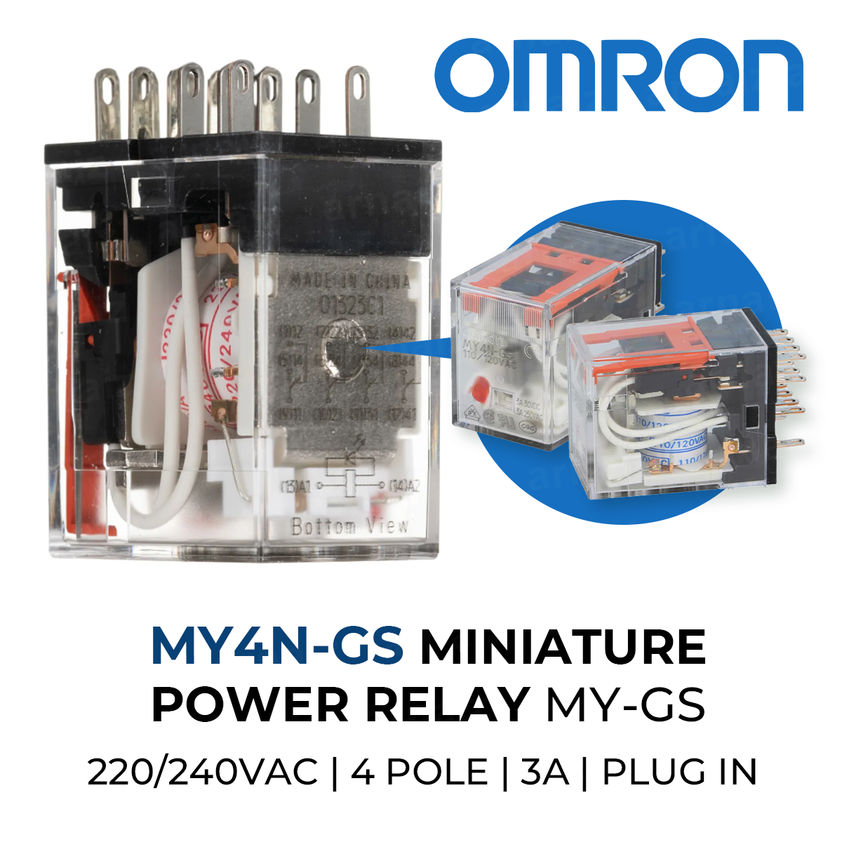 Omron MY4N-GS Miniature Plug in Power Relay 3A 220/240VAC 4 Pole with LED Indicator 4PDT