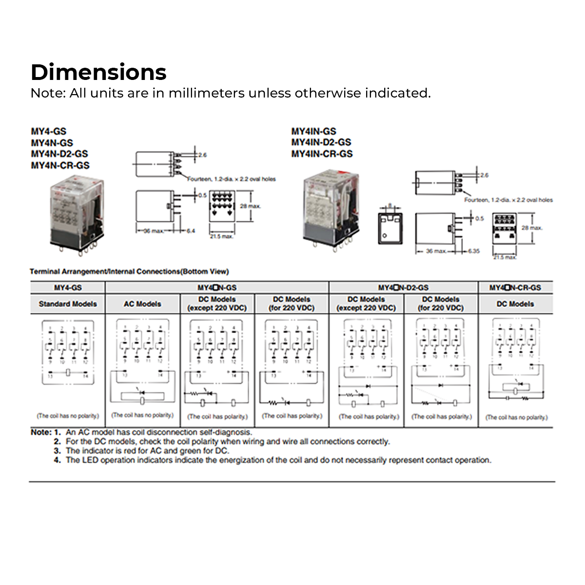 Omron MY4N-GS Miniature Plug in Power Relay 3A 220/240VAC 4 Pole with LED Indicator 4PDT