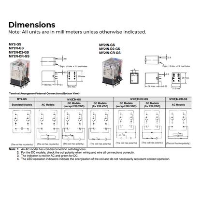 Omron MY2N-GS Miniature Plug in Power Relay 7A 5A 220/240VAC 2 Pole with LED Indicator DPDT Socket