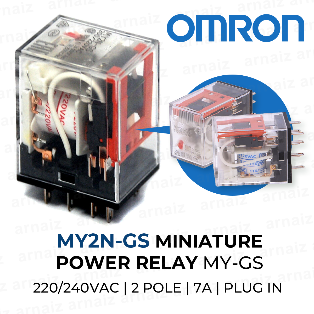 Omron MY2N-GS Miniature Plug in Power Relay 7A 5A 220/240VAC 2 Pole with LED Indicator DPDT Socket