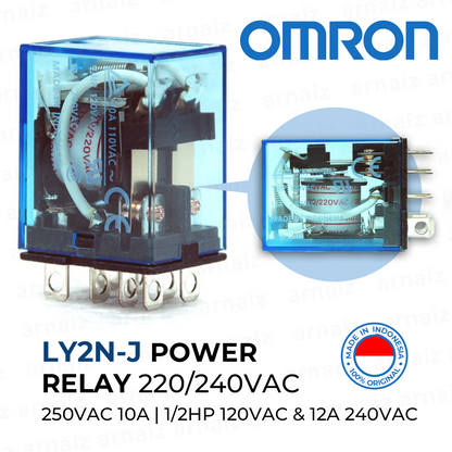 Omron LY2N-J 220/240VAC Miniature Plug in Power Relay 10A 250VAC with LED Indicator DPDT Socket