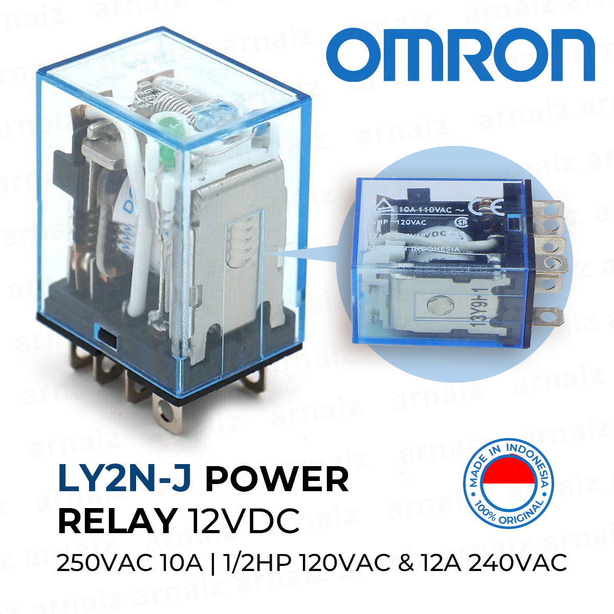 Omron LY2N-J 12VDC Miniature Plug in Power Relay 10A 250VAC with LED Indicator DPDT Socket