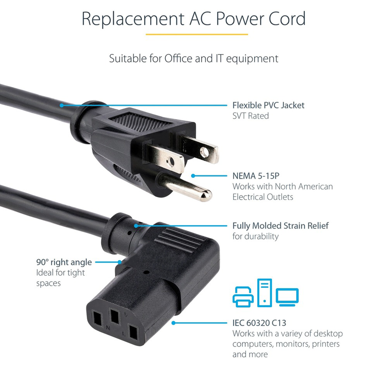Power Cord NEMA 5 15P To Angled C13 1.5m 10A 125V Replacement Monitor PC Cable NEMA 5-15P 1.5 meters