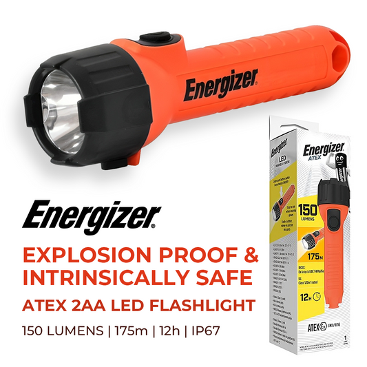 Energizer Intrinsically Safe Explosion Proof ATEX 2AA Flashlight IP67 Handheld Torch Light